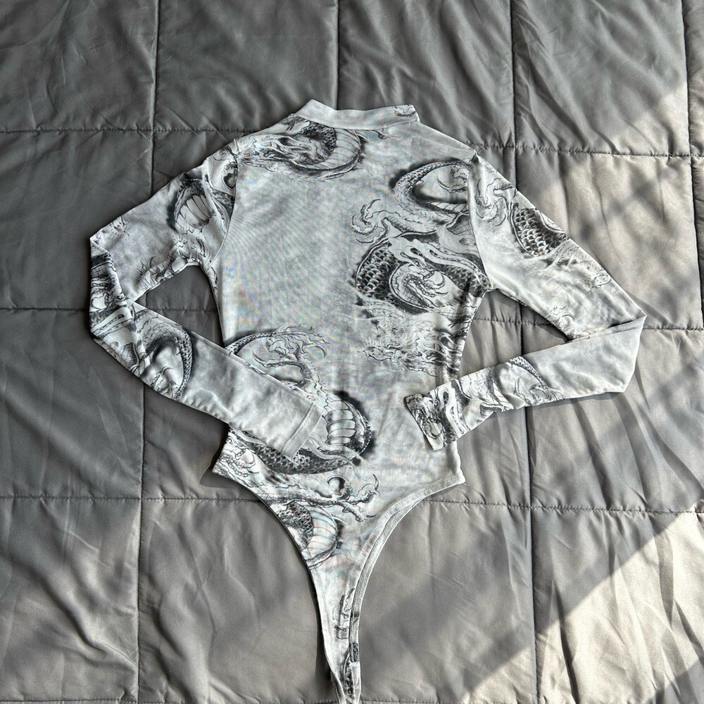 Vintage y2k Gray Dragon‎ Water Print sheer longsleeve Bodysuit small - Picture 4 of 8